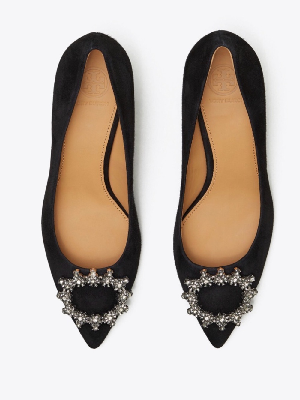 Tory Burch Black Pointed Toe Flats with Crystal Embellishment